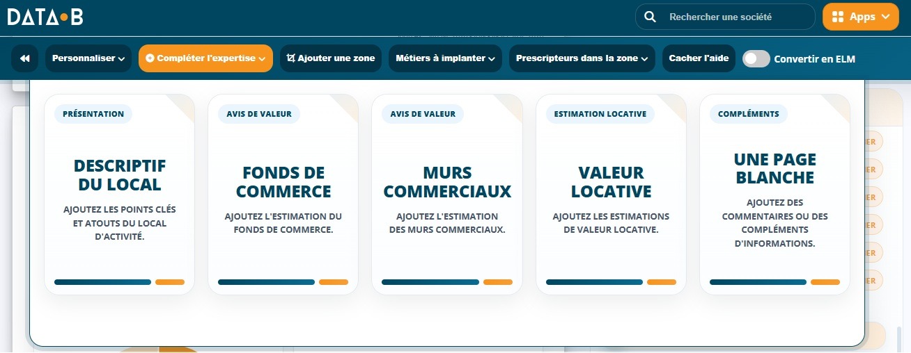 Menu Compléter l’expertise de Data-B, avec les cartes Fonds de commerce, Murs commerciaux et Valeur locative