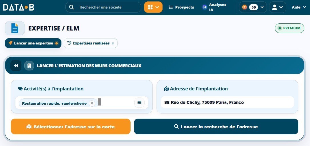 Écran Lancer l’estimation des murs commerciaux dans Data Expertise, avec l’activité et l’adresse du local