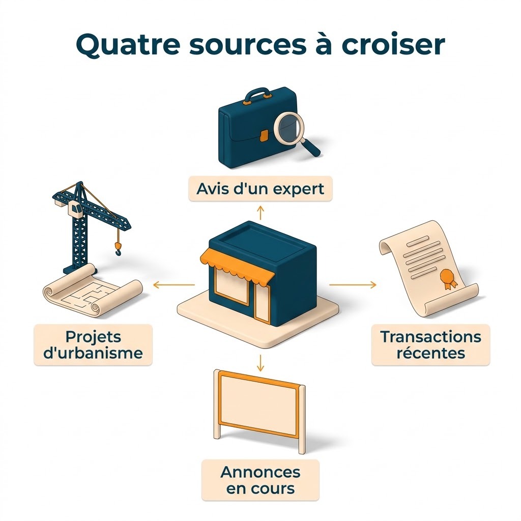 Quatre sources à croiser pour fiabiliser l’estimation des murs commerciaux, expert, transactions, annonces et projets d’urbanisme