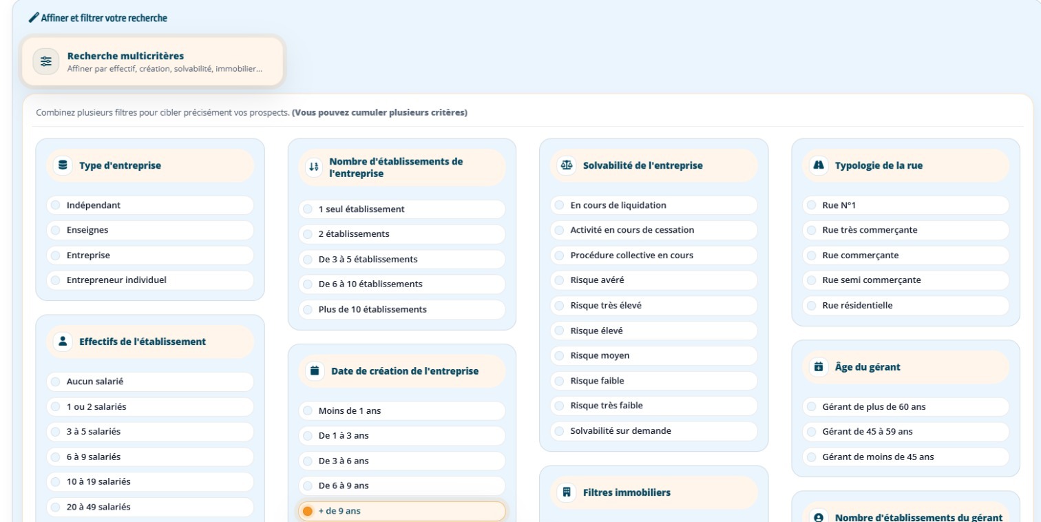 Recherche multicritères de Data Prospective, solvabilité, création supérieure à neuf ans, typologie de la rue et âge du gérant