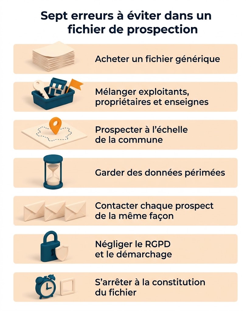Les sept erreurs qui rendent un fichier de prospection immobilière peu exploitable, chacune avec son pictogramme
