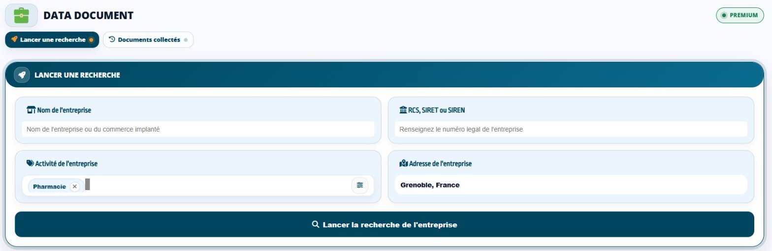 Écran Lancer une recherche de Data Document, avec le nom, le SIREN, l’activité et l’adresse de l’entreprise