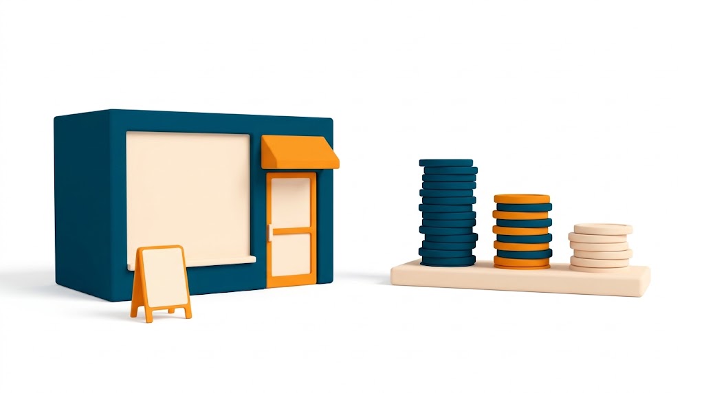 Vitrine d’un commerce à reprendre et trois piles de pièces de hauteurs différentes, une par poste de frais