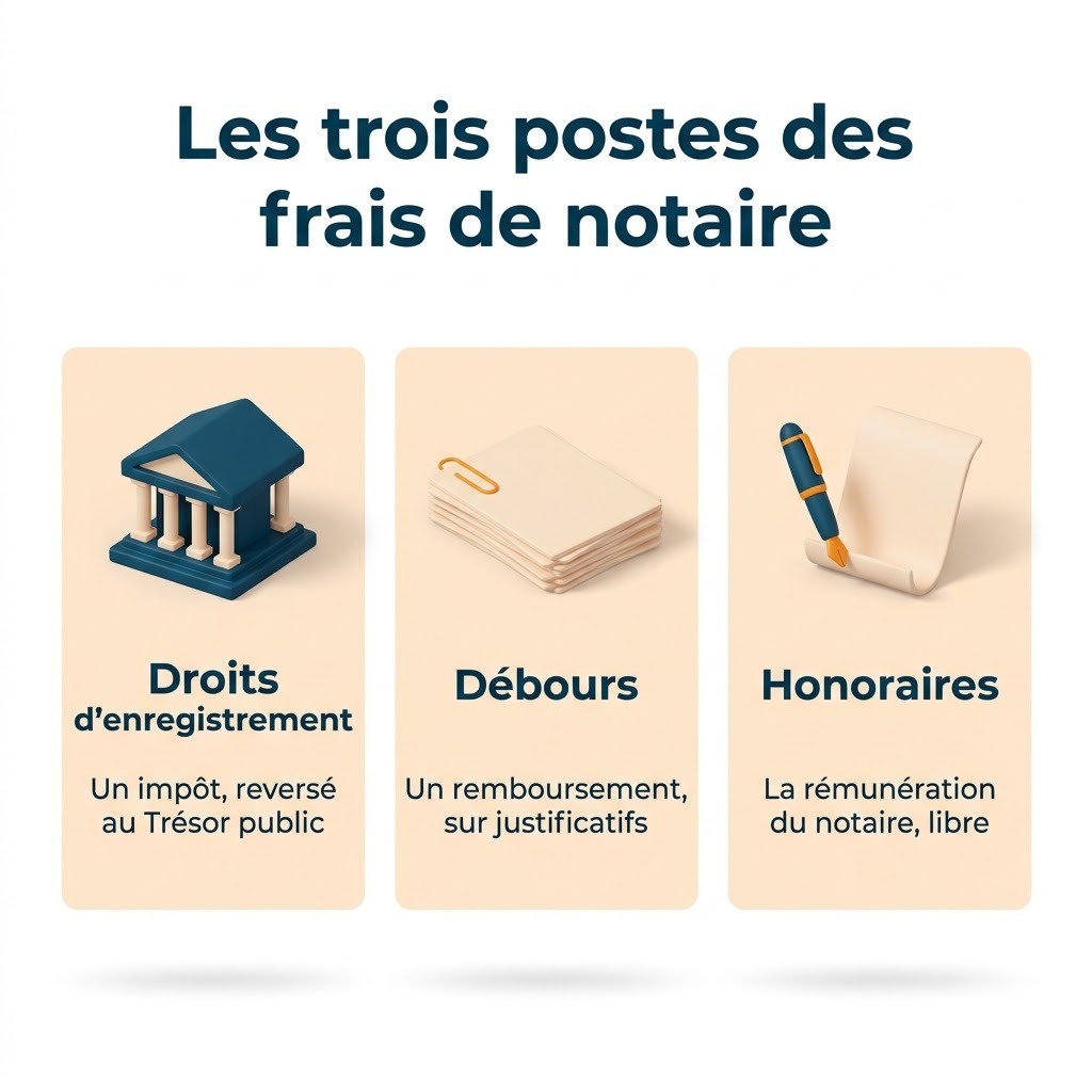Les trois postes des frais de notaire d’un fonds de commerce, droits d’enregistrement, débours et honoraires, avec leur nature