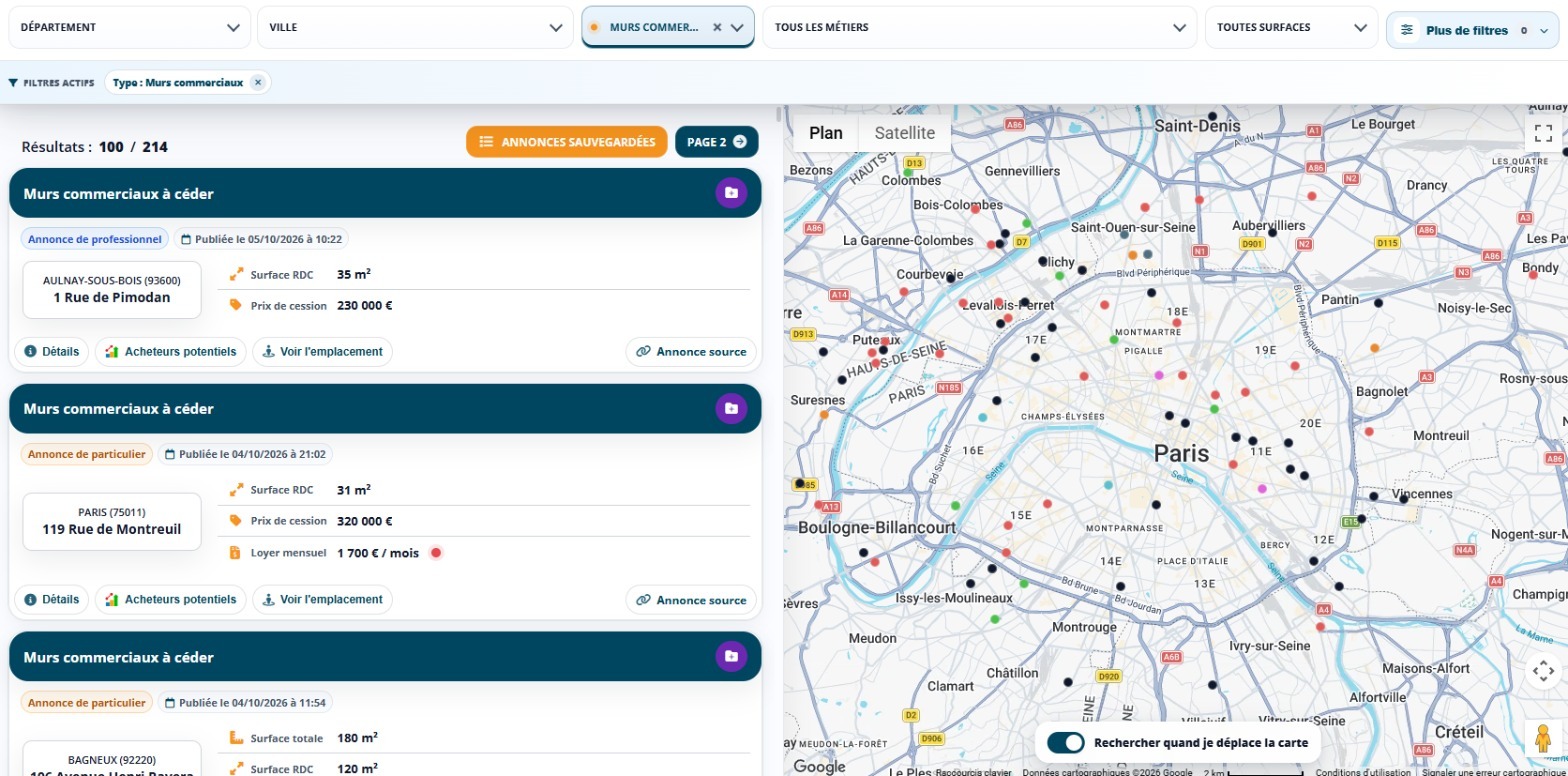 Annonces de murs à vendre à Paris et en petite couronne dans Data Pige, en liste et sur la carte