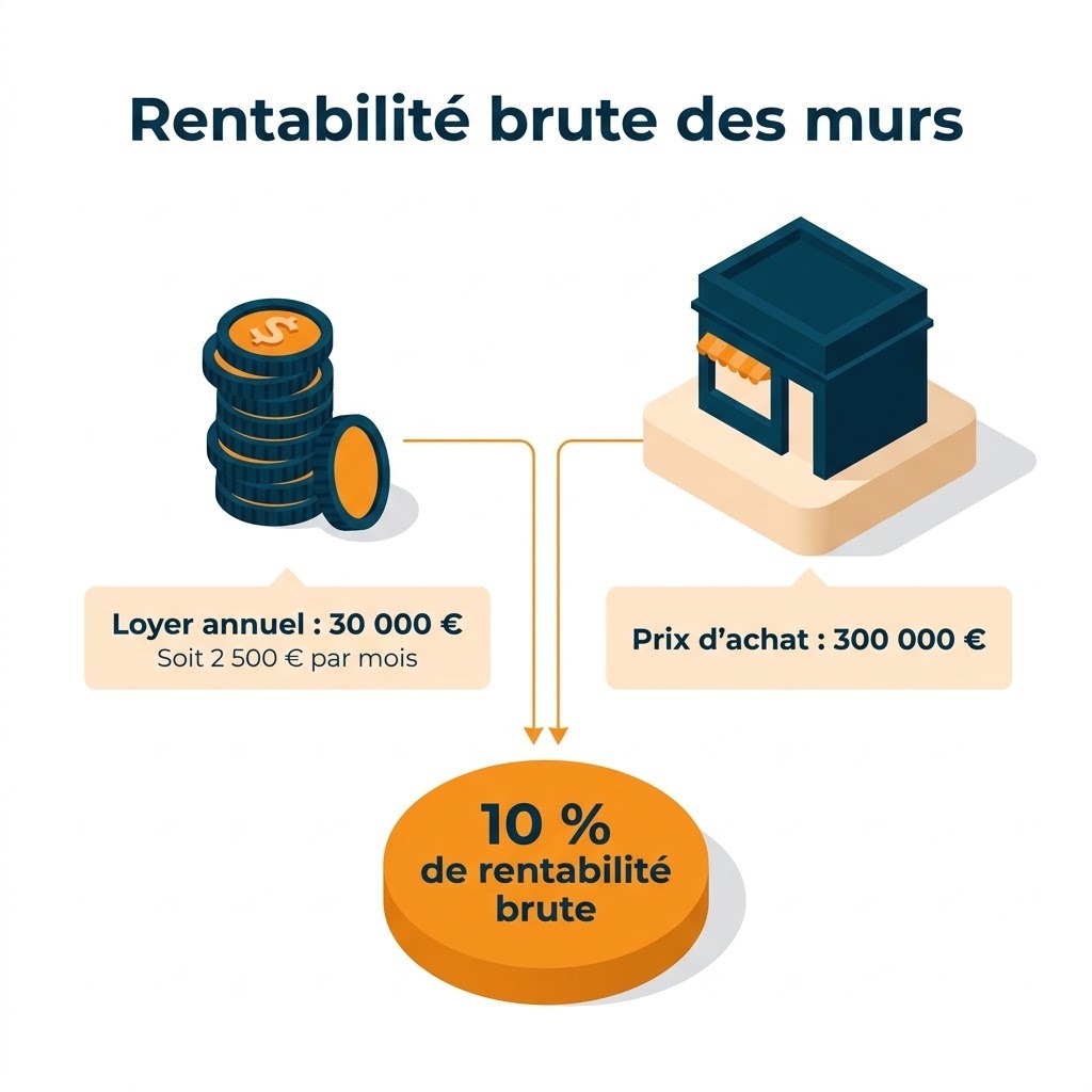 Calcul de la rentabilité brute de murs commerciaux, 30 000 euros de loyer annuel pour 300 000 euros de prix, soit 10 %