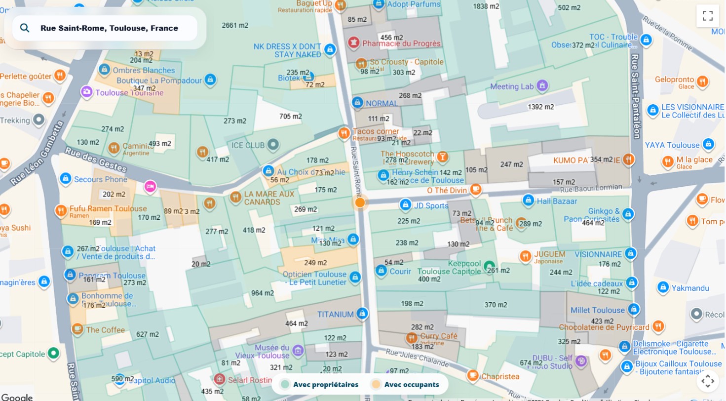 Recherche par adresse dans Data Foncier, rue Saint-Rome à Toulouse, avec les parcelles et leur surface sur la carte