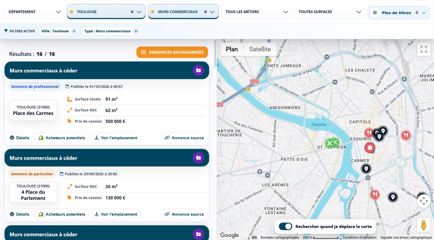 Annonces de murs commerciaux à vendre à Toulouse dans Data Pige, listées à gauche et placées sur la carte