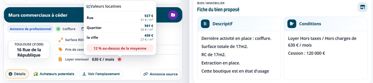 Annonce de murs loués à Toulouse dans Data Pige, avec son loyer mensuel, son prix et sa comparaison aux loyers de la rue, du quartier et de la ville