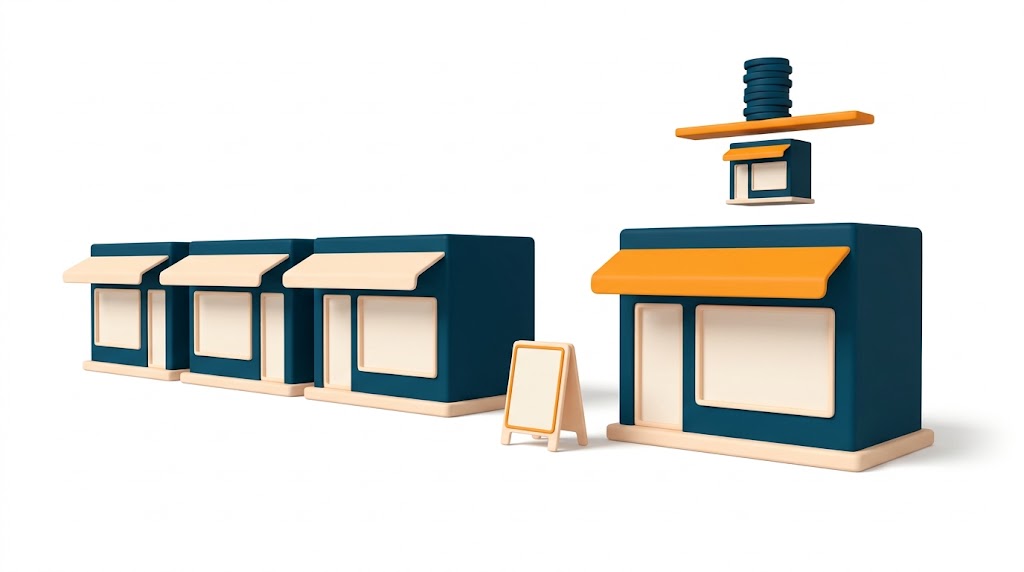 Rue commerçante en volumes 3D avec une vitrine à vendre et le calcul de rentabilité des murs, loyer annuel divisé par le prix