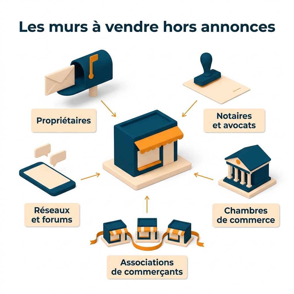Les sources des murs commerciaux à vendre hors annonces, propriétaires, notaires, chambres de commerce, associations et réseaux