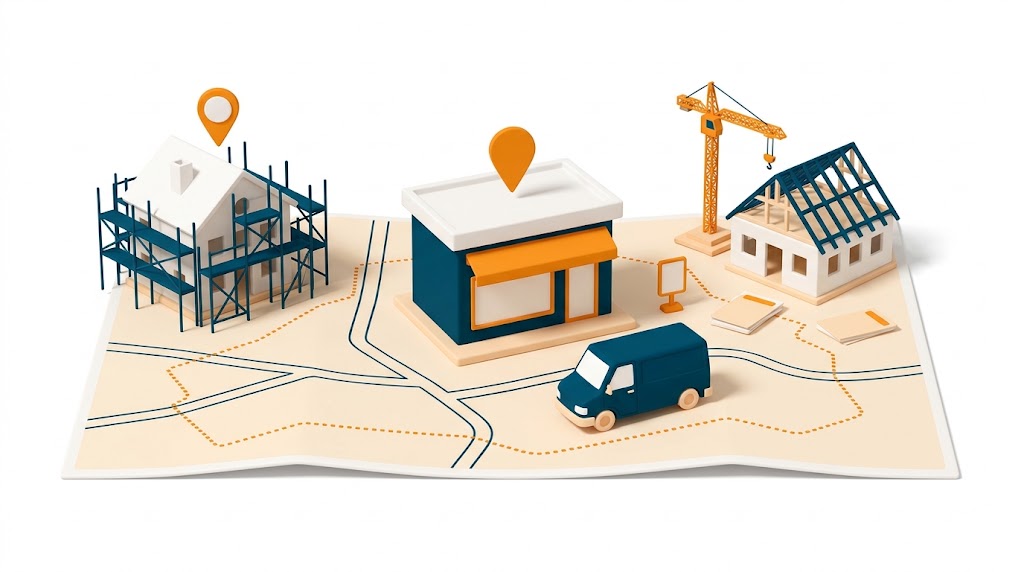 Agence de franchise du bâtiment en volumes 3D, entourée de maisons en chantier et de la carte de son territoire