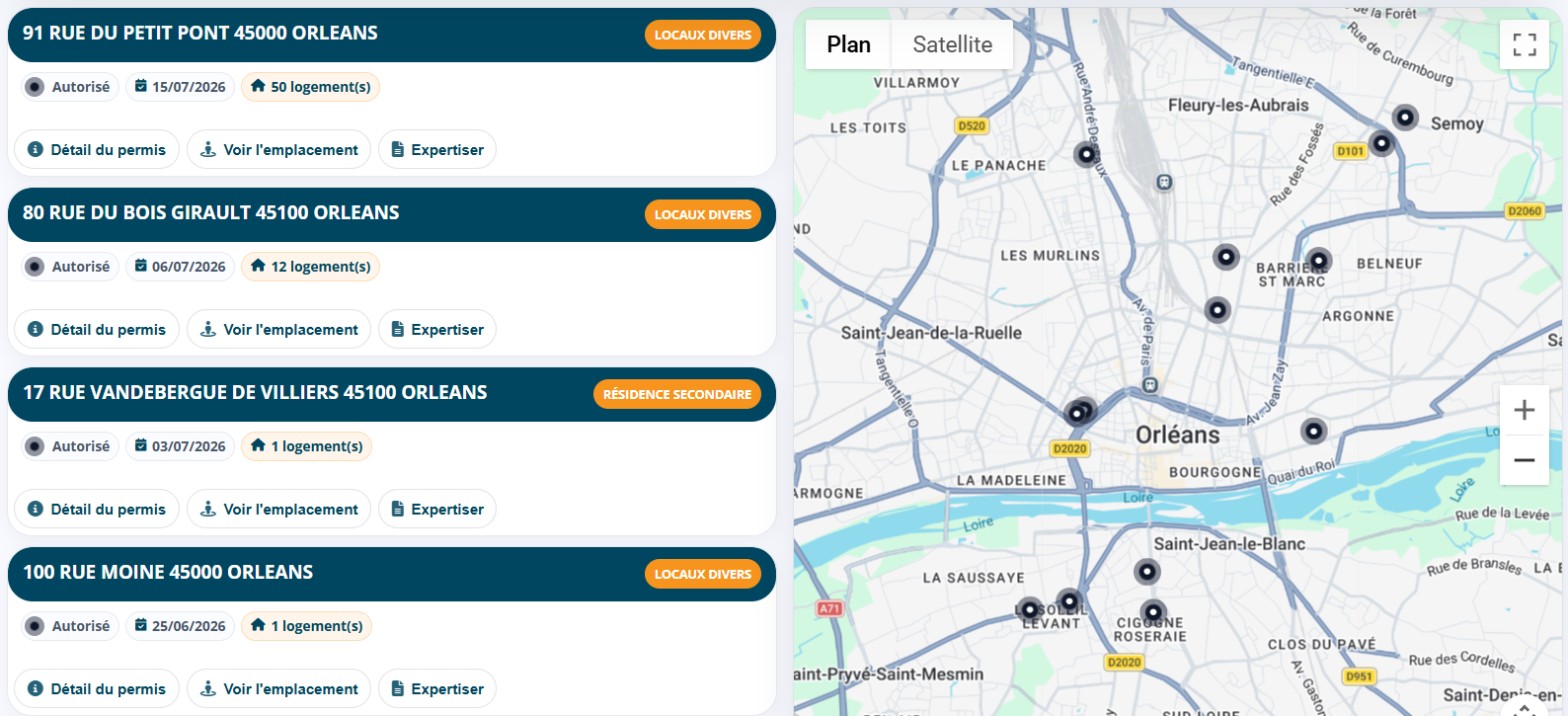 Permis de construire de logements autorisés autour d’Orléans, en liste et sur la carte dans Data Permis