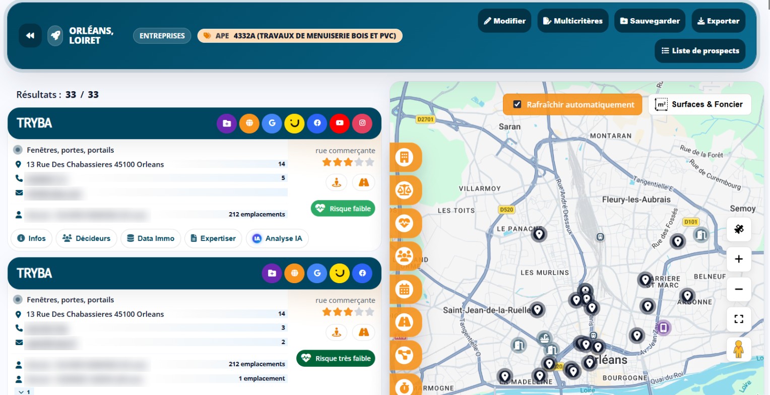 Entreprises de menuiserie d’Orléans listées et placées sur la carte dans Data Prospective, avec leur nombre