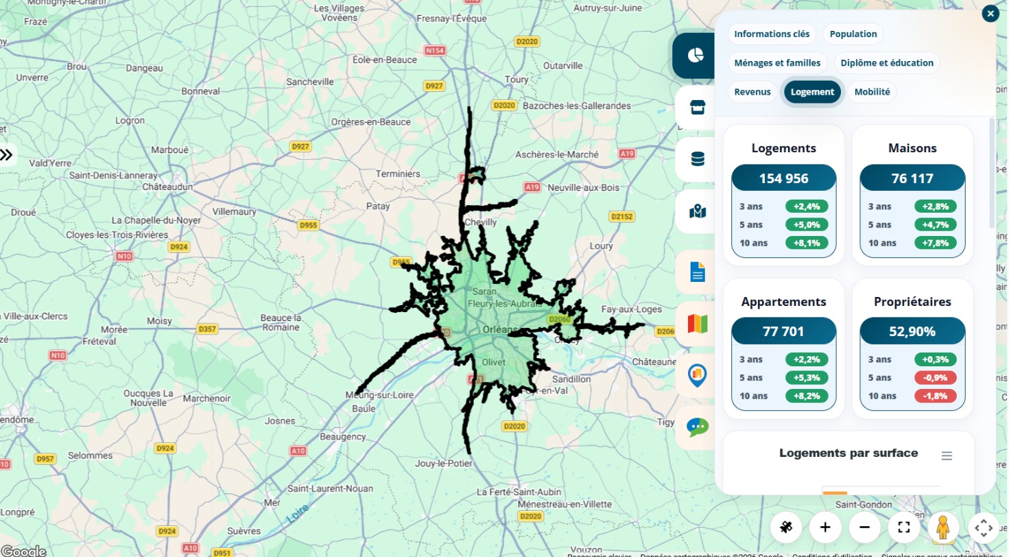 Zone d’intervention à 20 minutes en voiture autour d’une agence dans Data Zoning, avec les données sur les logements