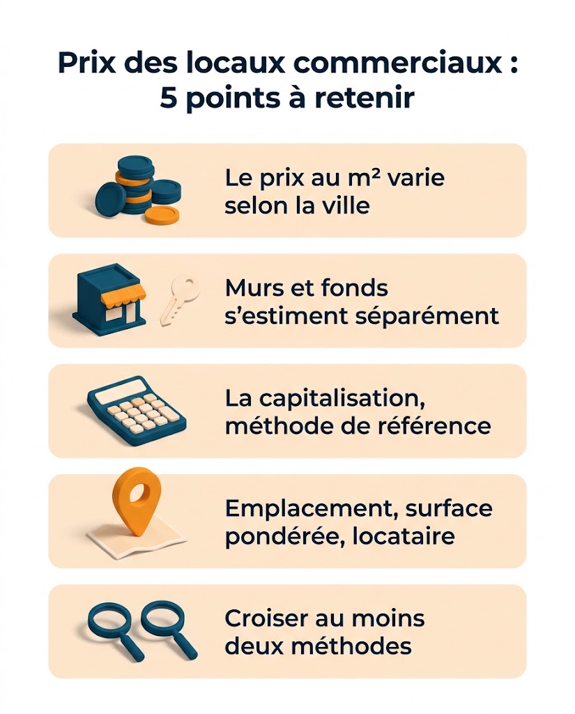 Les cinq points à retenir sur le prix des locaux commerciaux, écart entre villes, murs et fonds, capitalisation, leviers, méthodes