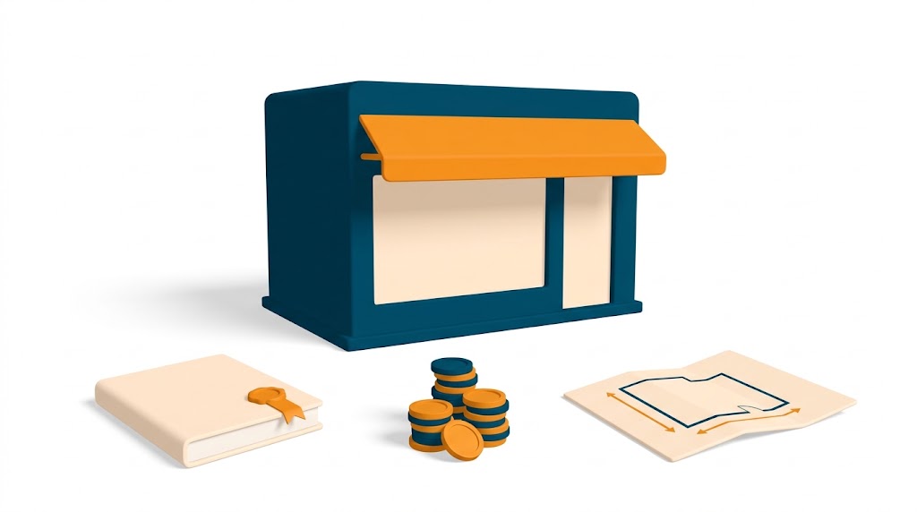 Façade d’un local commercial en 3D, avec un bail, des pièces de loyer et un plan de surface posés devant