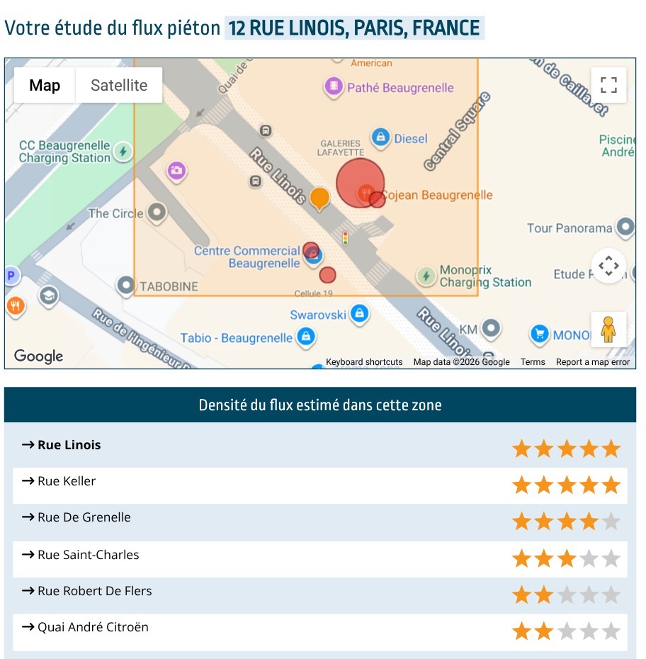 Analyse gratuite du flux piéton au 12 rue Linois à Paris, avec la densité de passage des rues voisines