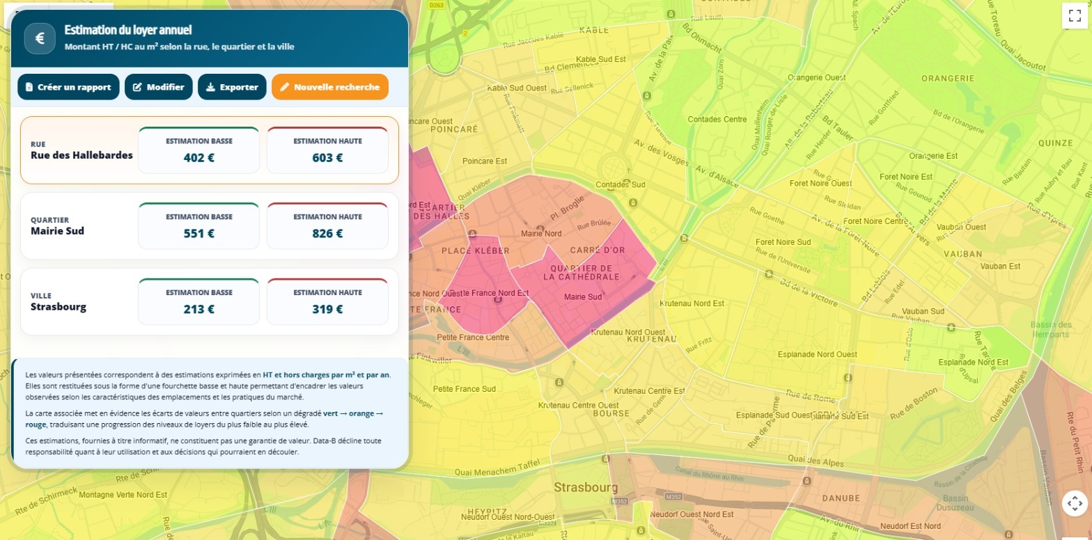 Estimation du loyer annuel dans Valeur Locative de Data-B pour la rue des Hallebardes à Strasbourg, rue, quartier et ville