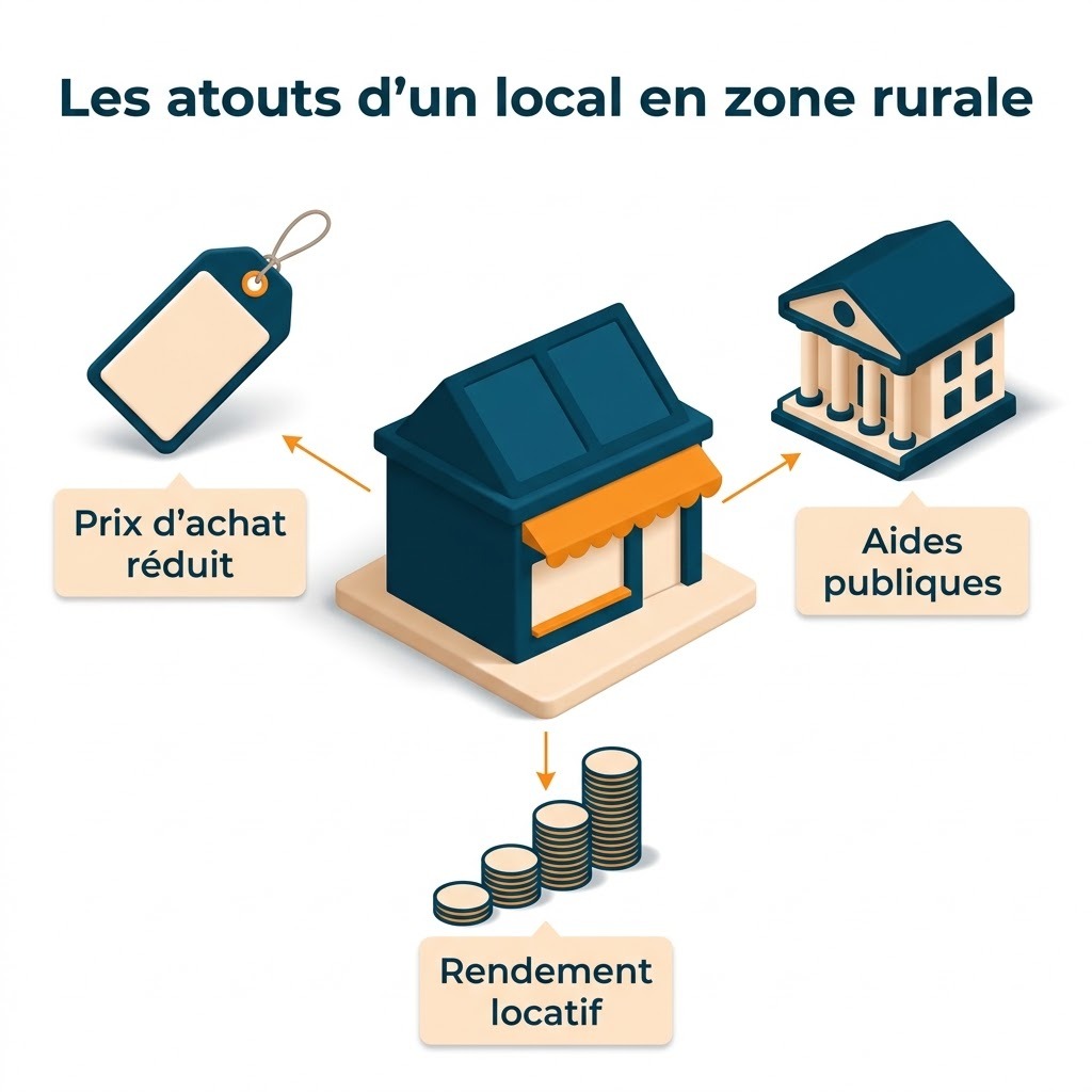 Local commercial de village en volumes 3D entouré de trois repères, prix d’achat réduit, aides publiques et rendement locatif