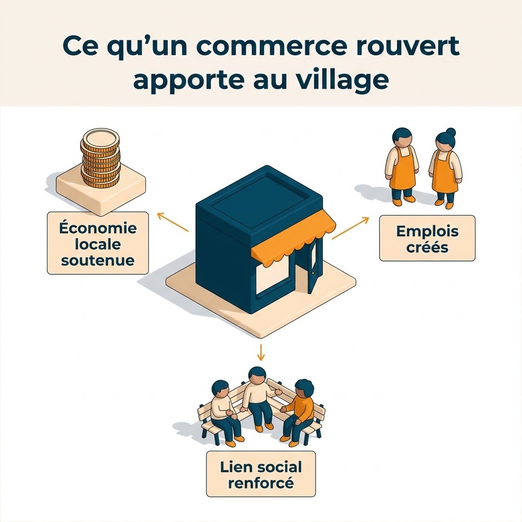 Commerce de proximité rouvert au cœur d’un village en volumes 3D, avec ses habitants, ses emplois et la place animée