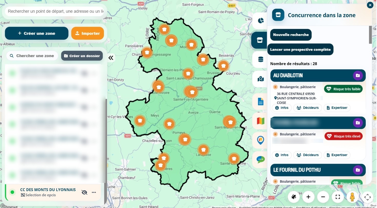 Écran Concurrence dans la zone de Data Zoning sur une intercommunalité rurale, avec les commerces d’un métier