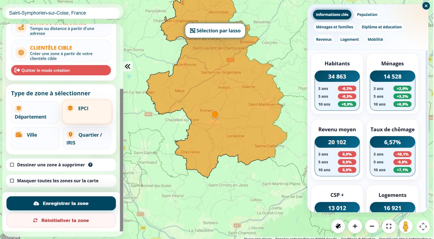 Informations clés d’une intercommunalité rurale dans Data Zoning, habitants, ménages et revenus avec leur évolution sur 10 ans