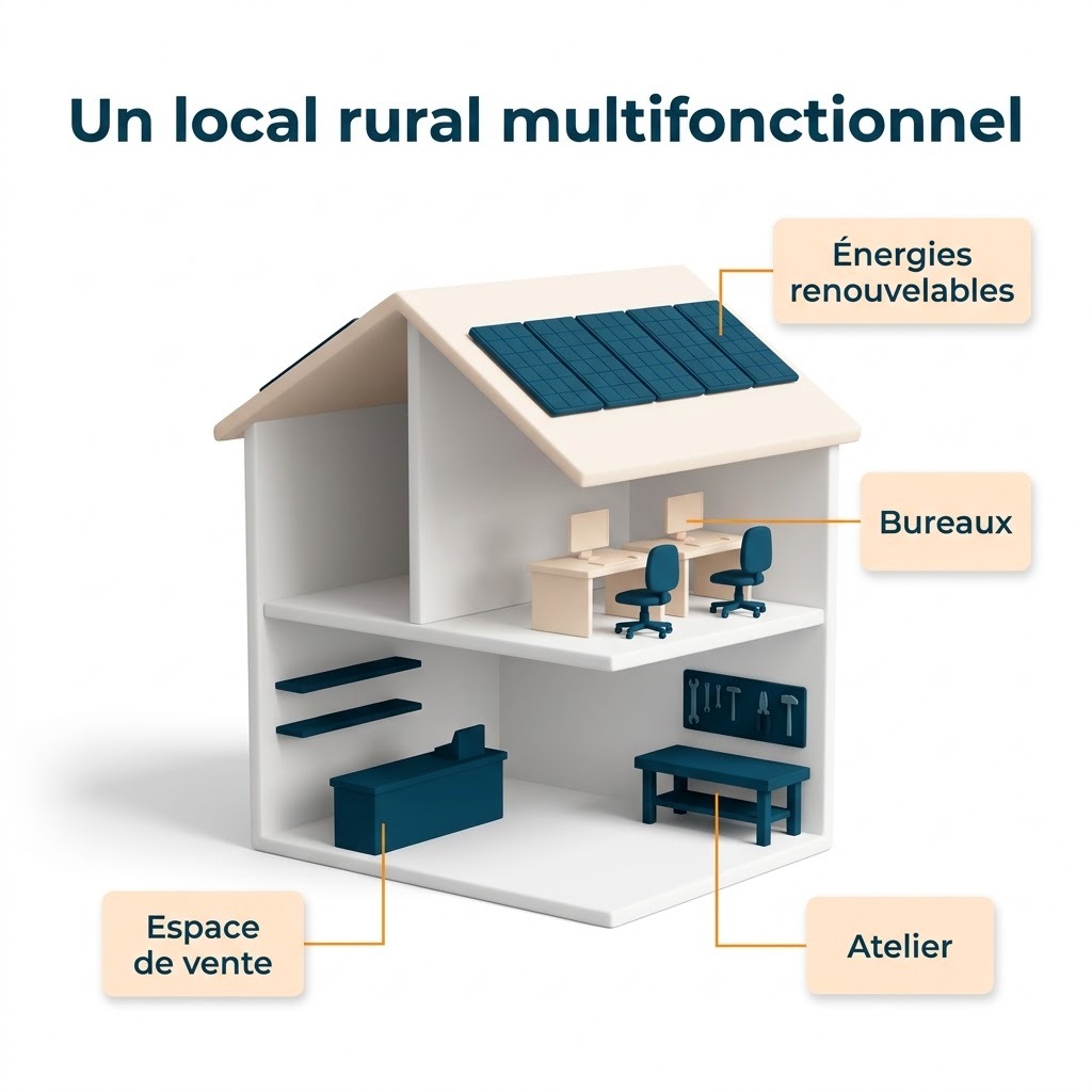 Bâtiment rural multifonctionnel en volumes 3D, avec une boutique, un atelier, des bureaux et des panneaux solaires sur le toit